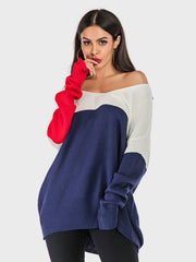 Perfee Kontrast-V-Ausschnitt Langarm-Strickoberteil