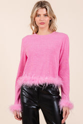 Mittoshop Hacci-Strick-Crop-Top mit Federbesatz und langen Ärmeln