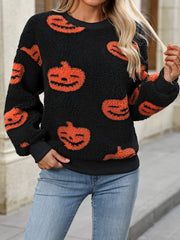 Fuzzy-Kürbis-Pullover mit Rundhalsausschnitt und überschnittenen Schultern