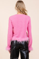 Mittoshop Hacci-Strick-Crop-Top mit Federbesatz und langen Ärmeln