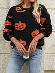 Fuzzy-Kürbis-Pullover mit Rundhalsausschnitt und überschnittenen Schultern