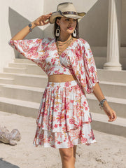 Bedrucktes Oberteil mit halbem Arm und Rock-Set mit Lagen-Look