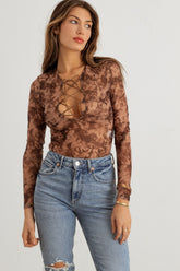 HERA COLLECTION Abstrakter Mesh-Spitzen-Schnürbody mit langen Ärmeln