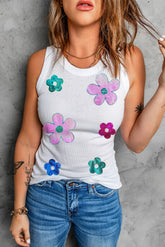 Tanktop mit Paillettenblumen und Rundhalsausschnitt