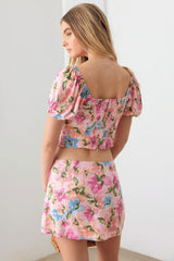 Le Lis geblümtes Crop Top mit Puffärmeln und Minirock-Set
