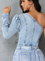 One-Shoulder-Langarm-Denim-Top