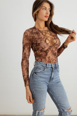 HERA COLLECTION Abstrakter Mesh-Spitzen-Schnürbody mit langen Ärmeln