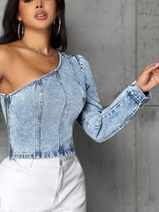 One-Shoulder-Langarm-Denim-Top