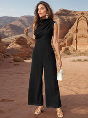 Ruched Mock Neck Sleeveless Jumpsuit