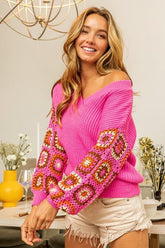 BiBi V-Ausschnitt Häkel-Langarmpullover