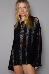 POL Distressed Rundhals Langarm Strick-Cover-up