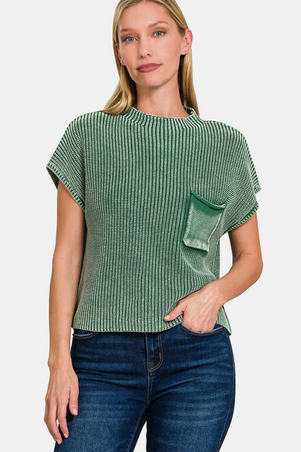 Zenana Cropped Pullover mit Stehkragen und kurzen Ärmeln