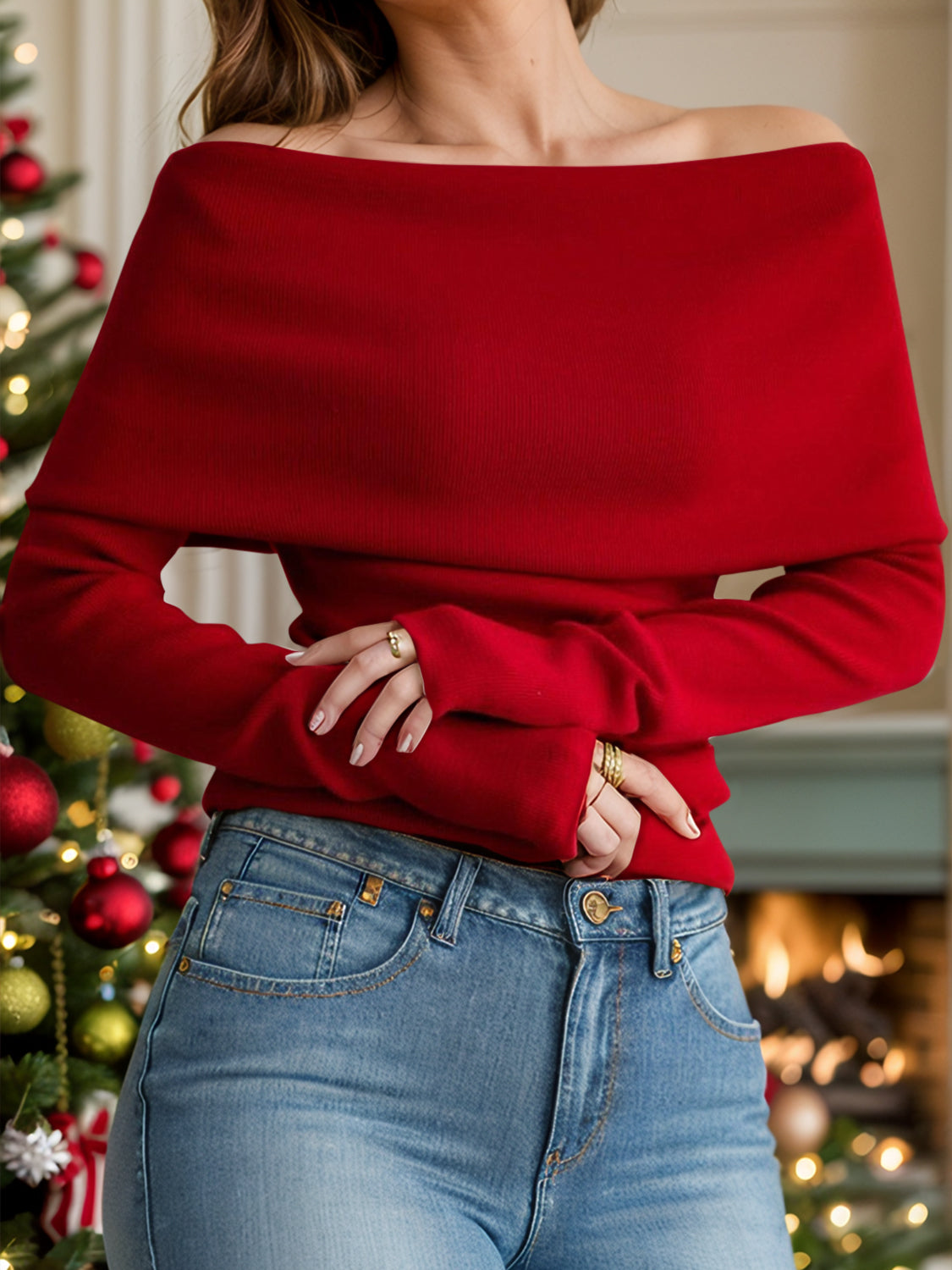 Carmenpullover mit langen Ärmeln