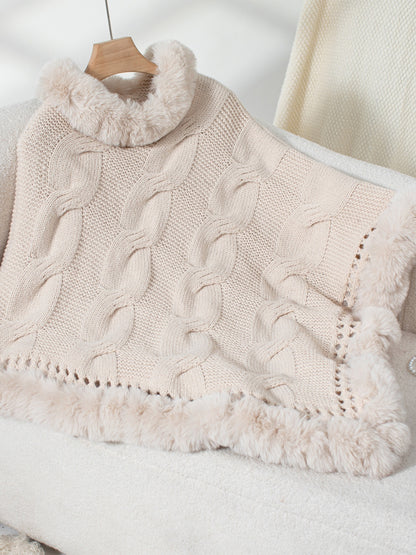 Fuzzy Hem Cable-Knit Poncho