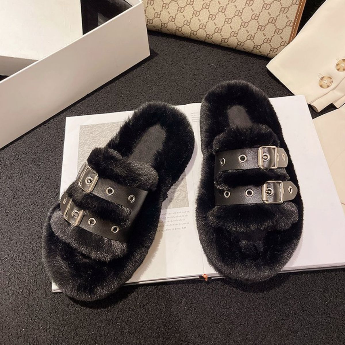 Faux Fur Furry Buckle Slippers