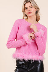 Mittoshop Hacci-Strick-Crop-Top mit Federbesatz und langen Ärmeln