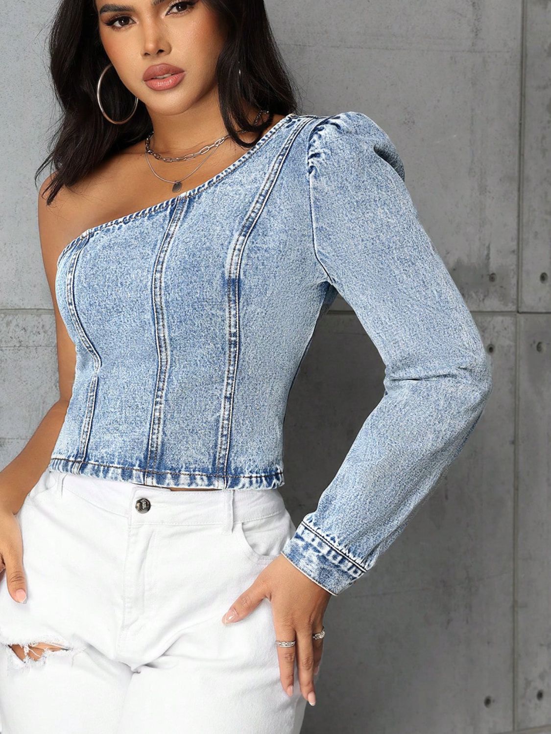 One-Shoulder-Langarm-Denim-Top