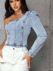 One-Shoulder-Langarm-Denim-Top