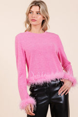 Mittoshop Hacci-Strick-Crop-Top mit Federbesatz und langen Ärmeln