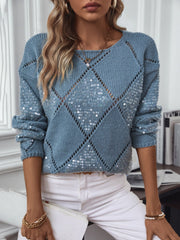 Durchbrochener Rundhals-Strickpullover mit langen Ärmeln