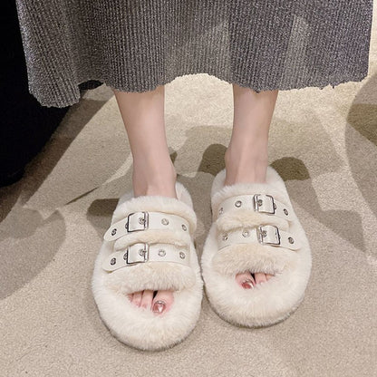 Faux Fur Furry Buckle Slippers