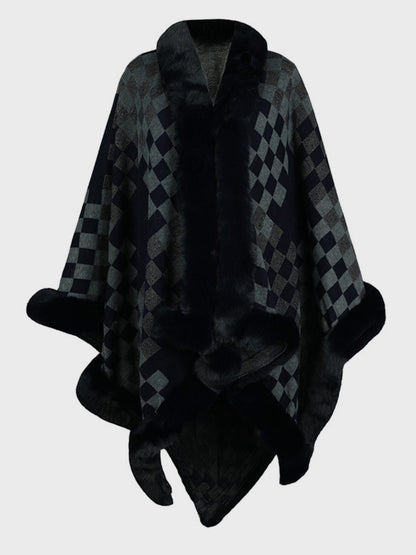 Fuzzy Checkered Long Sleeve Poncho