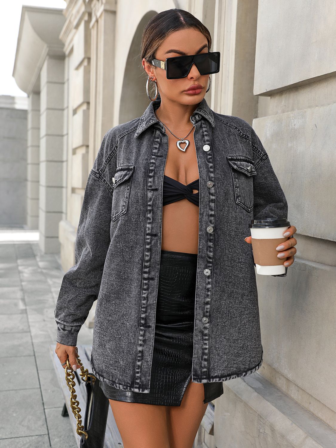 Durchgeknöpfte Langarm-Fleece-Jeansjacke