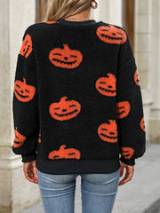 Fuzzy-Kürbis-Pullover mit Rundhalsausschnitt und überschnittenen Schultern