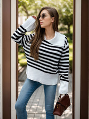 Gestreifter Langarm-Pullover mit Kragen