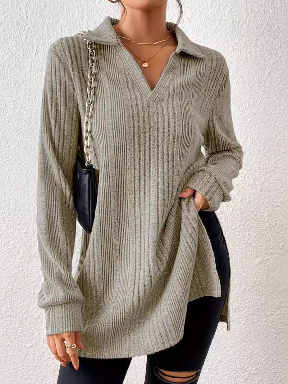 Langarmtop mit Schlitz-Johnny-Kragen