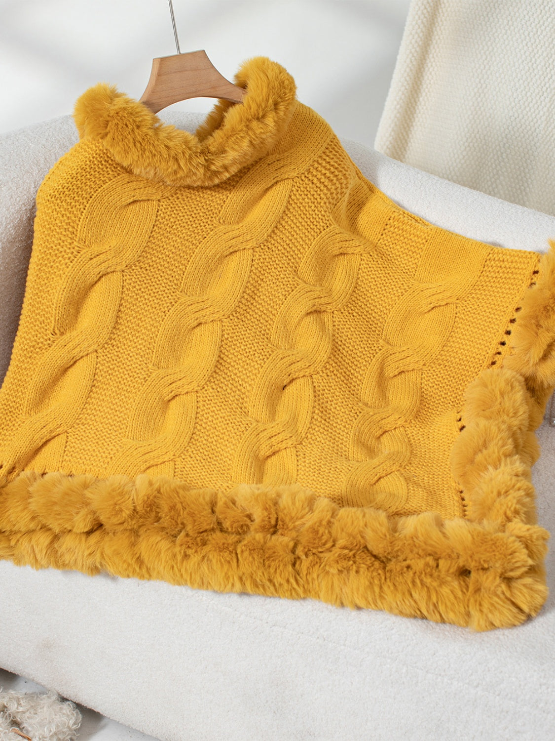 Fuzzy Hem Cable-Knit Poncho