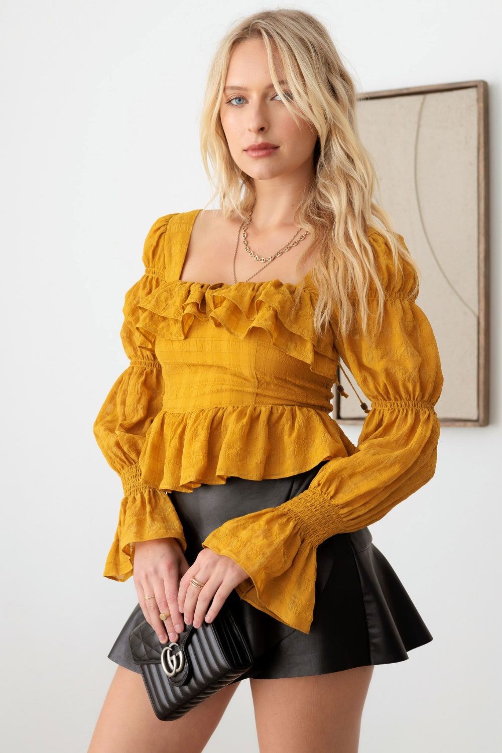 Tasha Apparel Boho Rüschen gesmokte Peplum Langarm-Oberteil