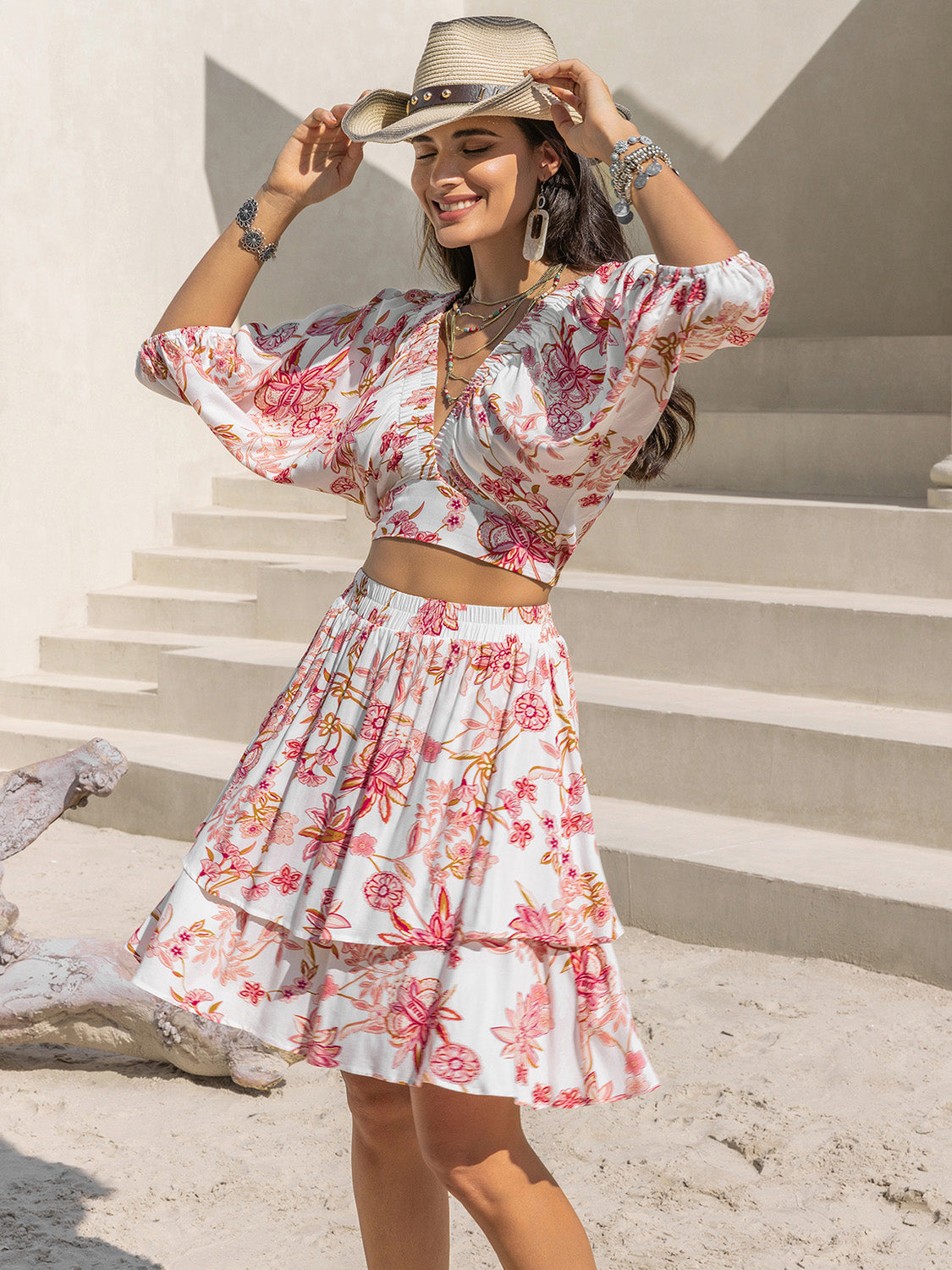 Bedrucktes Oberteil mit halbem Arm und Rock-Set mit Lagen-Look