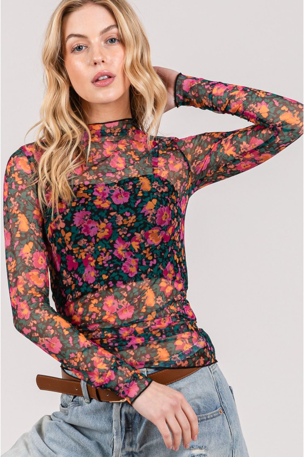 SAGE + FIG Langarm-Mesh-Top mit Blumenmuster