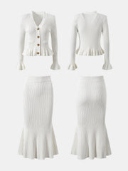 Ruffled V-Neck Top and Midi Skirt Sweater Set