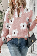 Blumen Half-Zip Langarm-Pullover