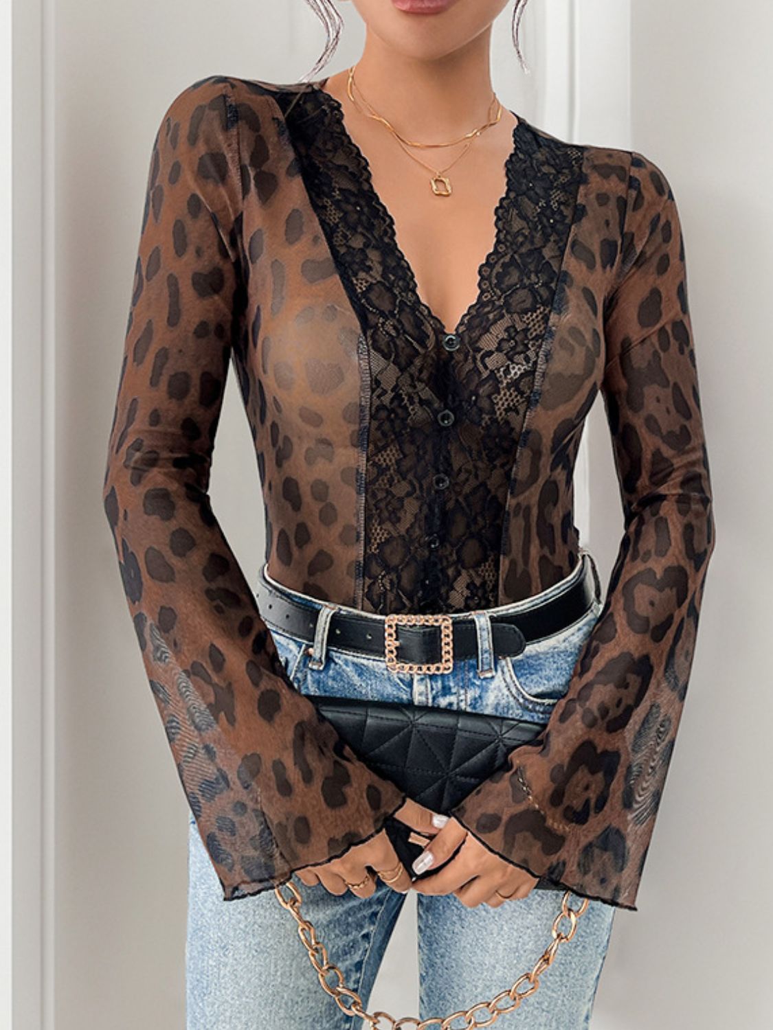Perfee Leopard V-Ausschnitt Spitzen-Body