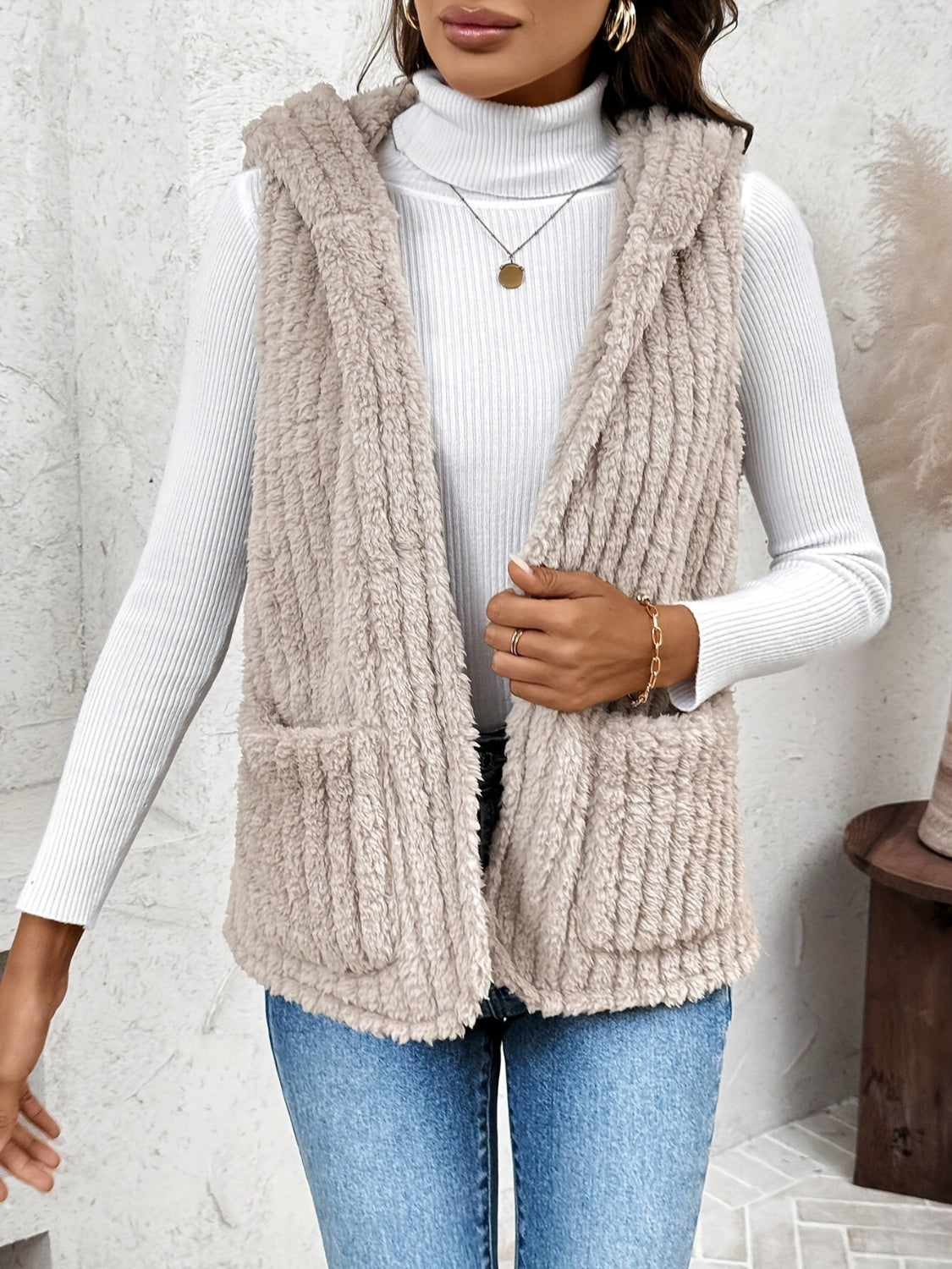 Fuzzy Hooded Vest with Pockets