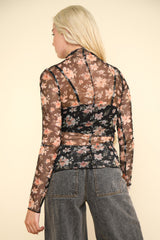 VERY J Bluse mit Stehkragen und Blumenmuster aus transparenter Netzware