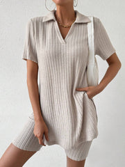 Kurzärmeliges Johnny-Collar-Oberteil und Shorts-Set