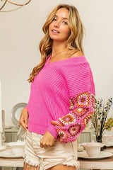 BiBi V-Ausschnitt Häkel-Langarmpullover