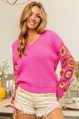 BiBi V-Ausschnitt Häkel-Langarmpullover
