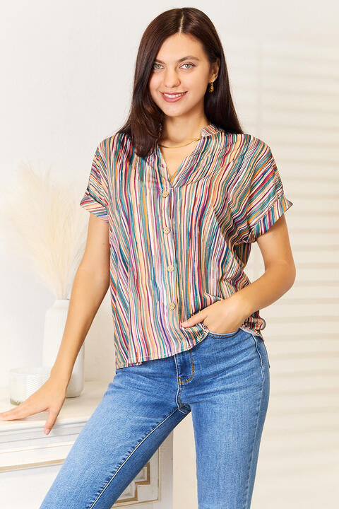 Double Take Multicolored Stripe Notched Neck Top