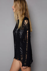 POL Distressed Rundhals Langarm Strick-Cover-up
